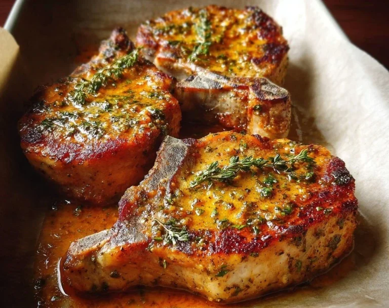 Deliciously juicy oven baked pork chops served with herbs and spices.