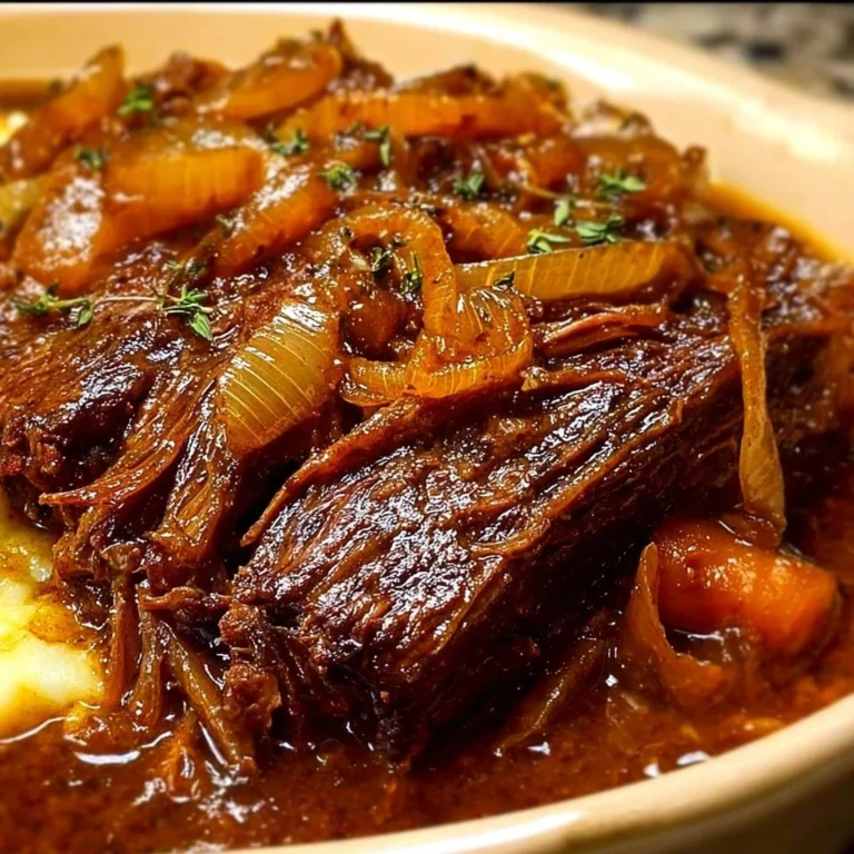 Delicious Juicy French Onion Pot Roast served with caramelized onions and herbs