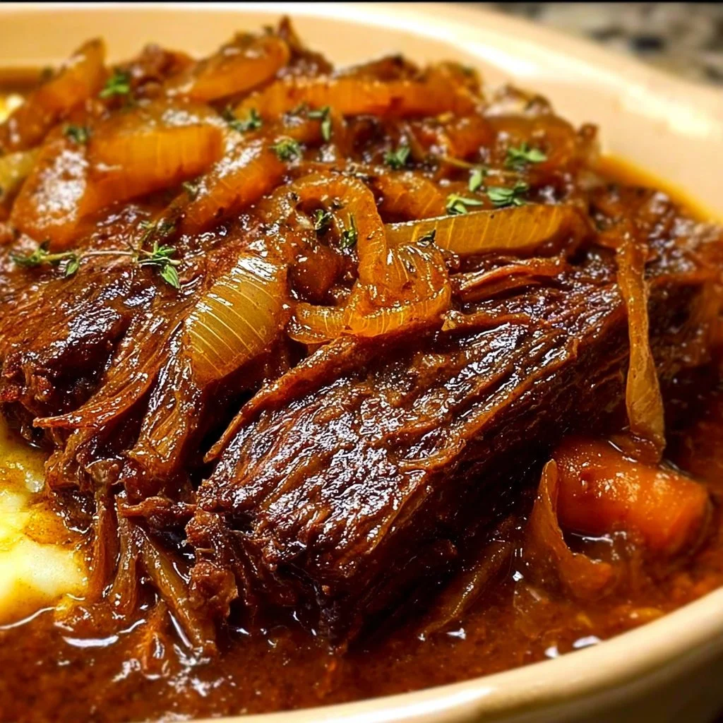 Delicious Juicy French Onion Pot Roast served with caramelized onions and herbs
