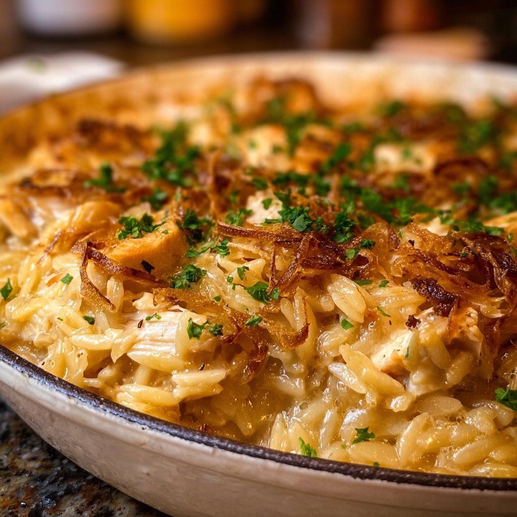 French Onion Chicken Orzo Casserole