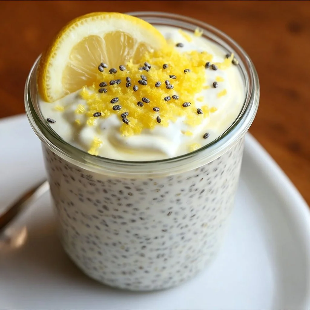Lemon cream chia pudding topped with fresh lemon zest and mint leaves