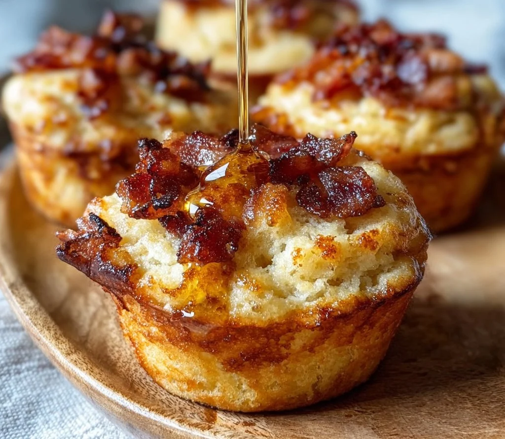 Maple bacon pancake muffins topped with syrup and crispy bacon.