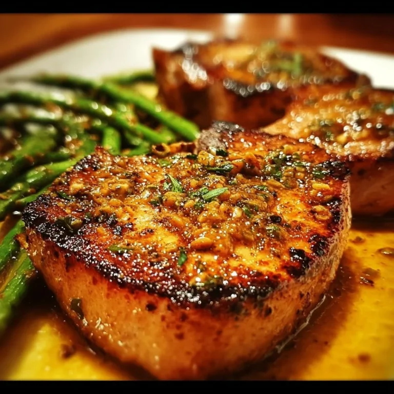 Juicy Maple Mustard Pork Chops garnished with herbs on a plate