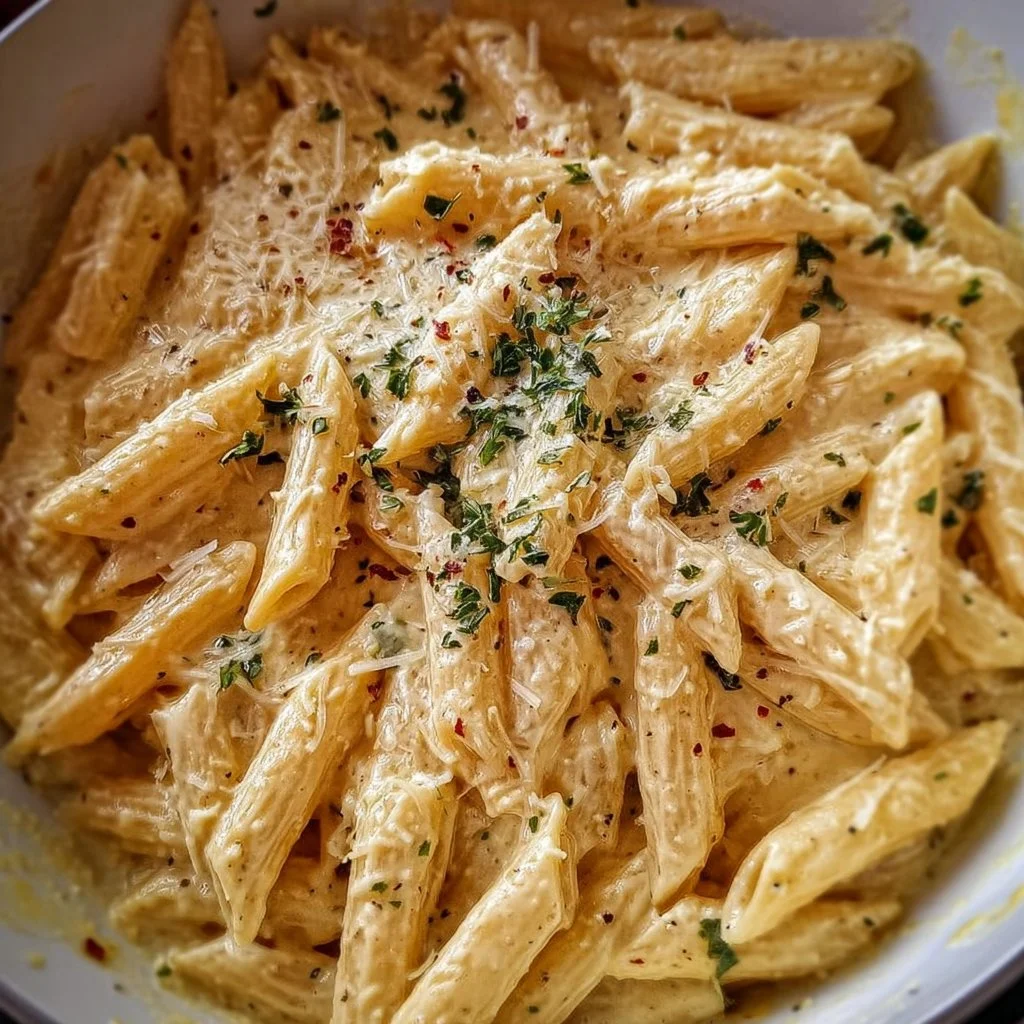 Delicious one pot creamy garlic pasta dish garnished with herbs