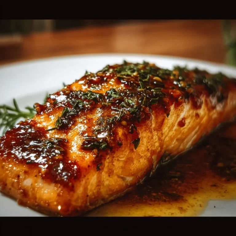 Oven-baked honey mustard salmon served with fresh vegetables.