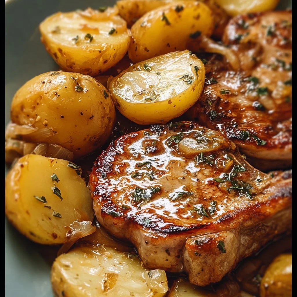 Oven-baked pork chops served with seasoned potatoes on a plate