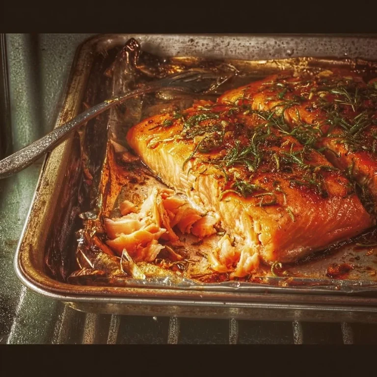 Oven baked salmon garnished with herbs on a white plate