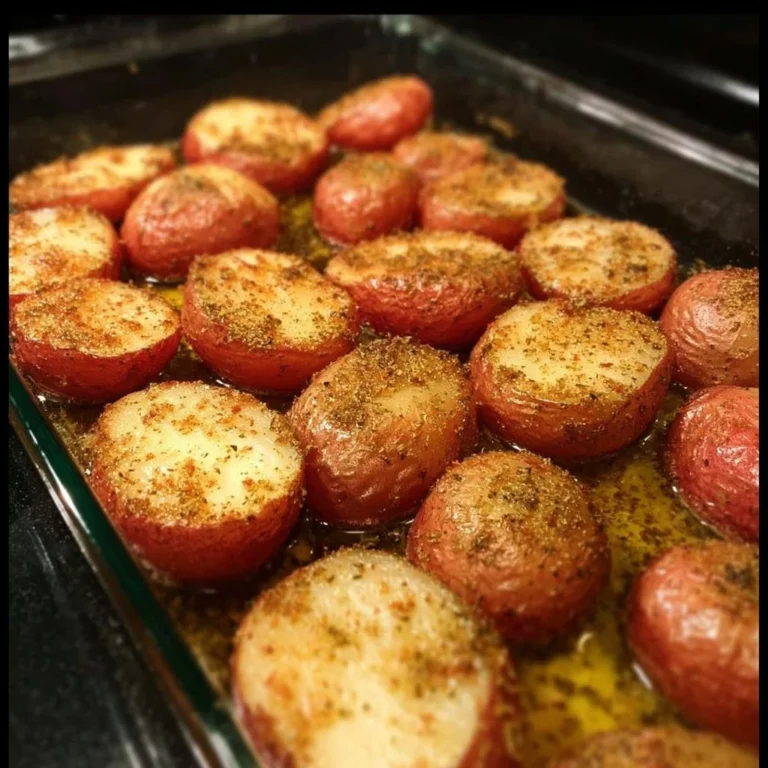 Oven roasted Parmesan potatoes, golden brown and crispy, garnished with herbs.