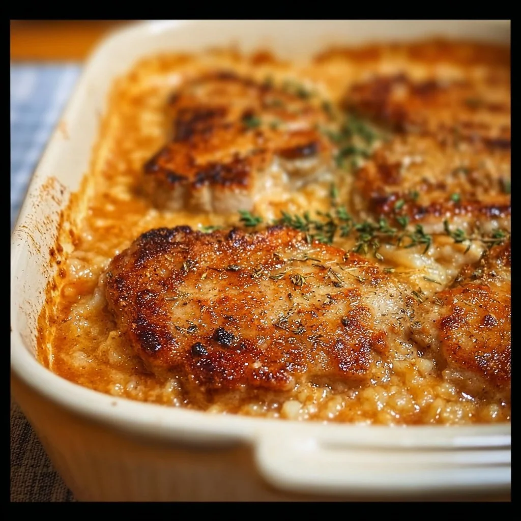 Delicious pork chop casserole topped with crispy breadcrumbs and vegetables