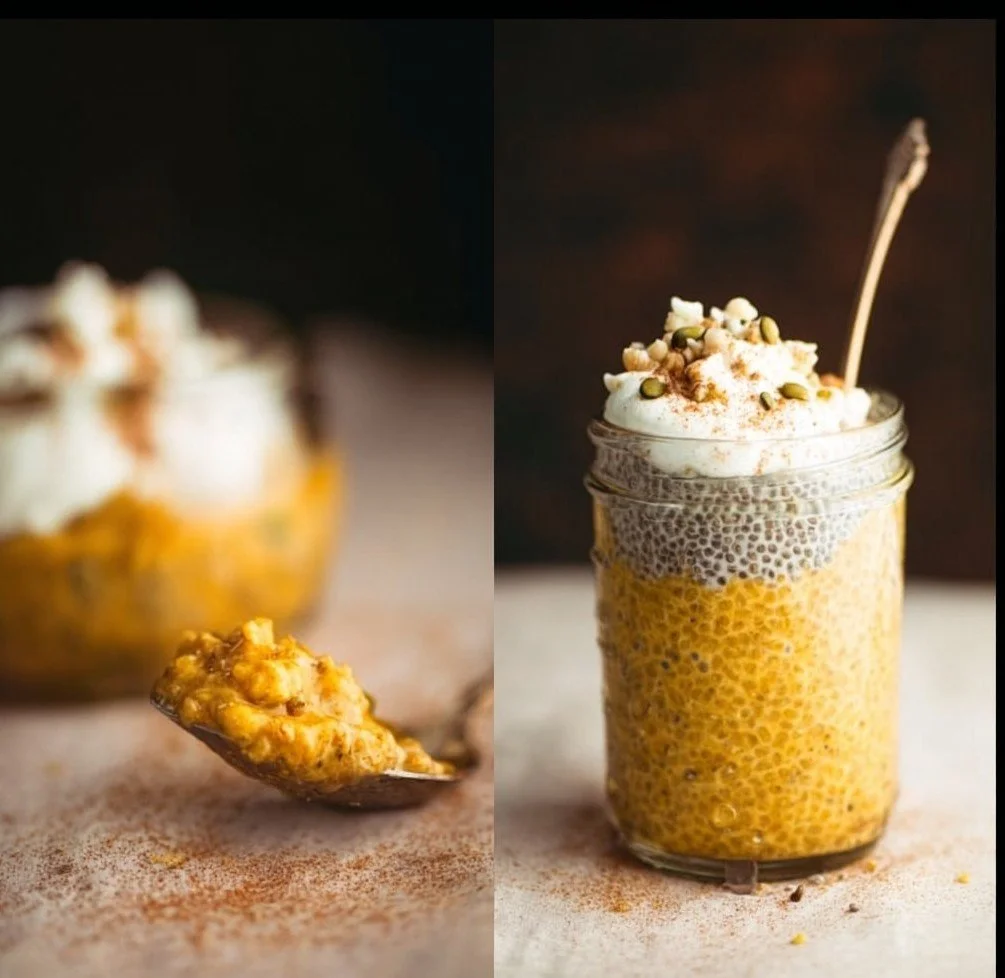 Delicious Pumpkin Chia Seed Pudding topped with spices and nuts