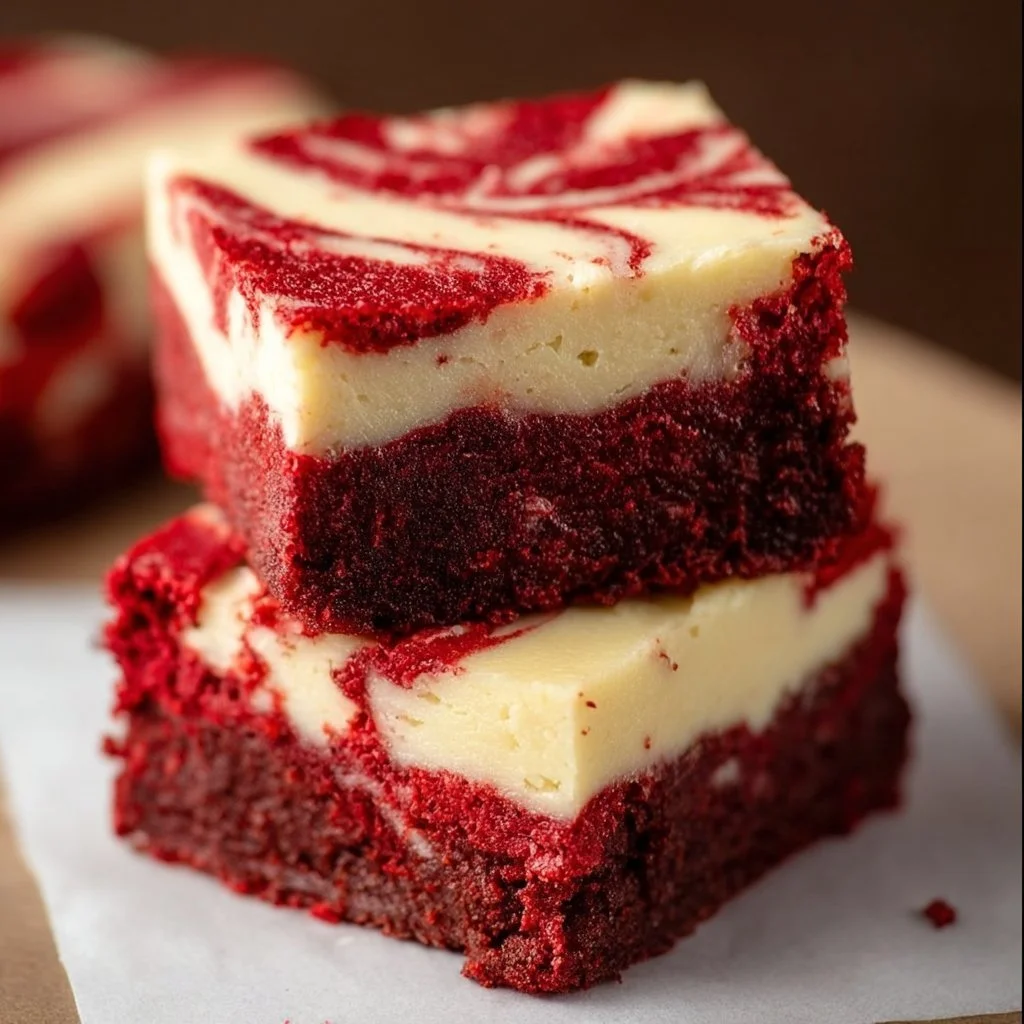 Delicious red velvet cheesecake brownies served on a plate