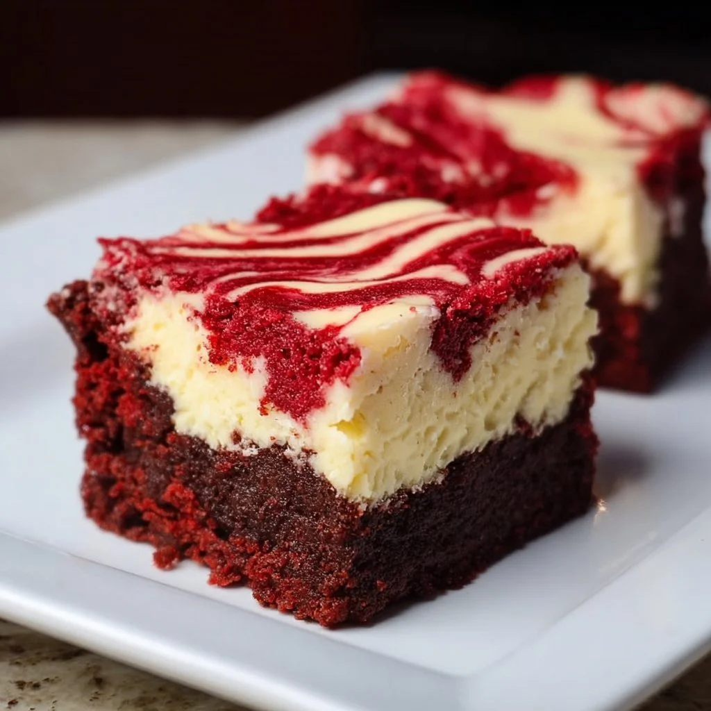 Delicious red velvet cheesecake brownies topped with cream cheese frosting.