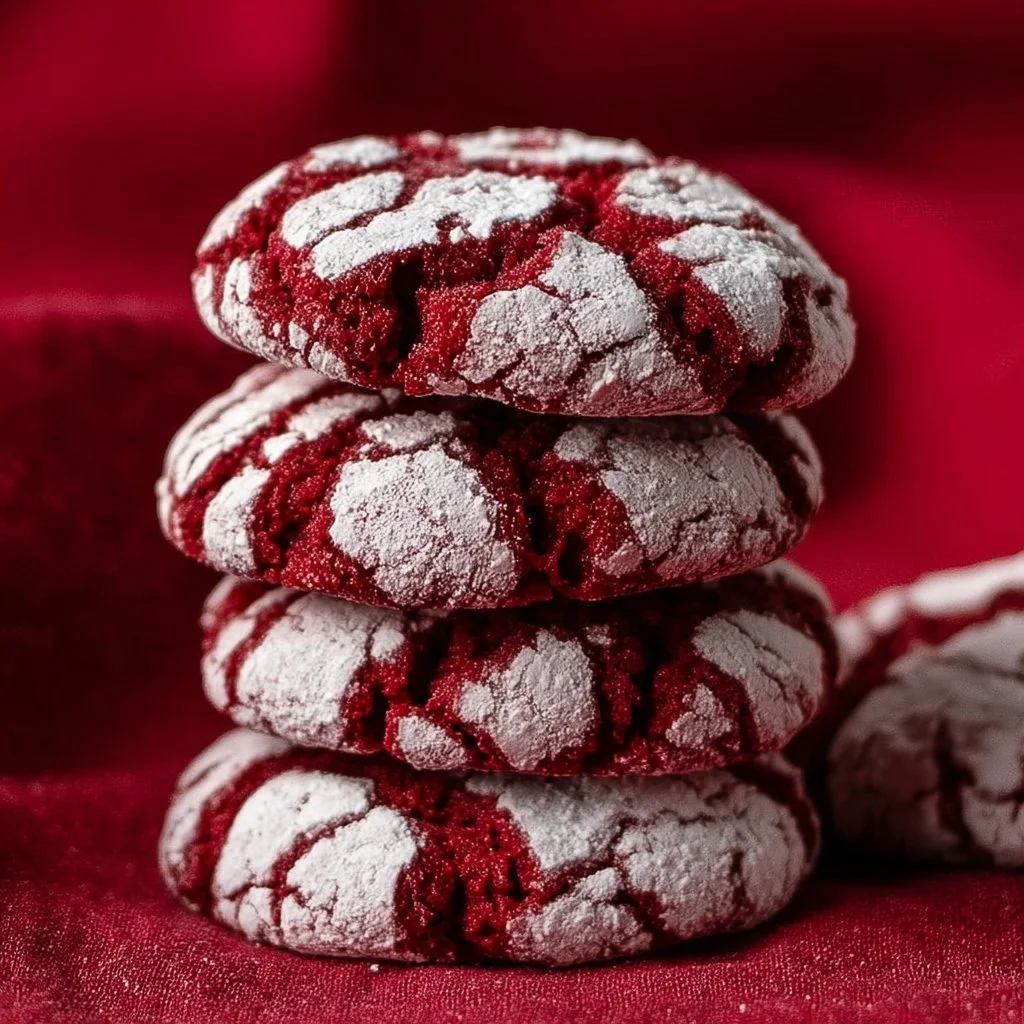 Delicious Red Velvet Crinkle Cookies with powdered sugar on top