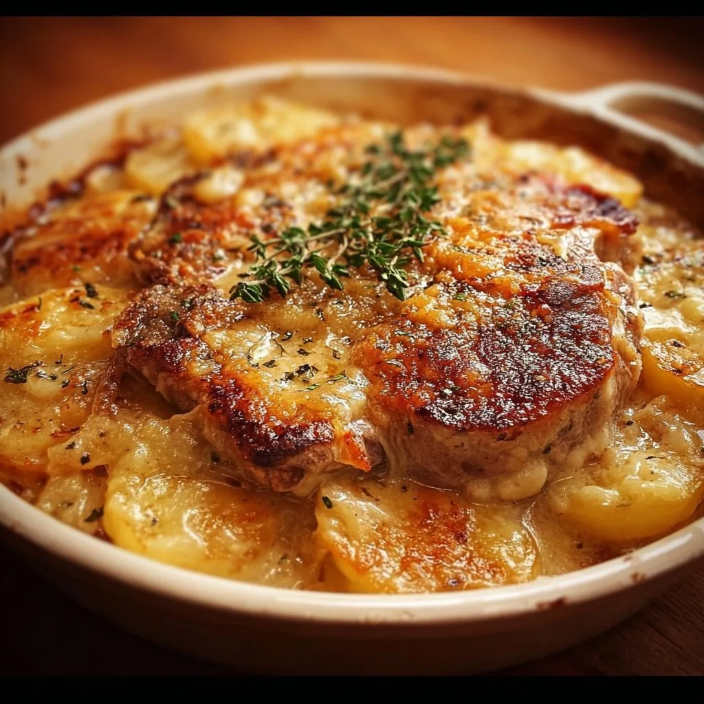 Smothered Pork Chop and Scalloped Potato Casserole topped with creamy sauce