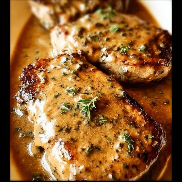 Delicious smothered pork chops with rich gravy and herbs on a plate