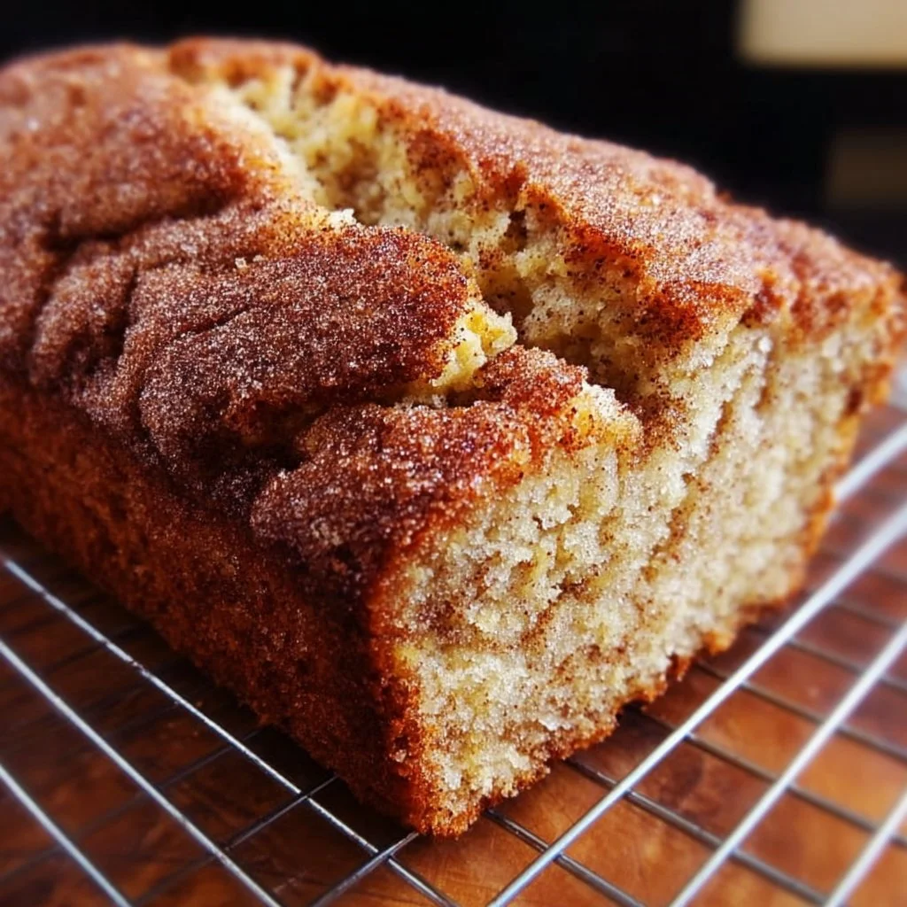 Freshly baked snickerdoodle banana bread stacked on a wooden board