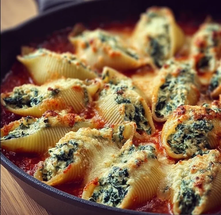 Delicious spinach and ricotta stuffed shells topped with marinara sauce.