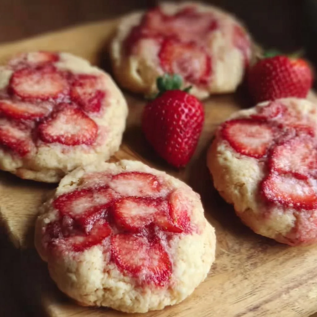 Delicious Strawberry Cheesecake Cookies with a creamy strawberry topping
