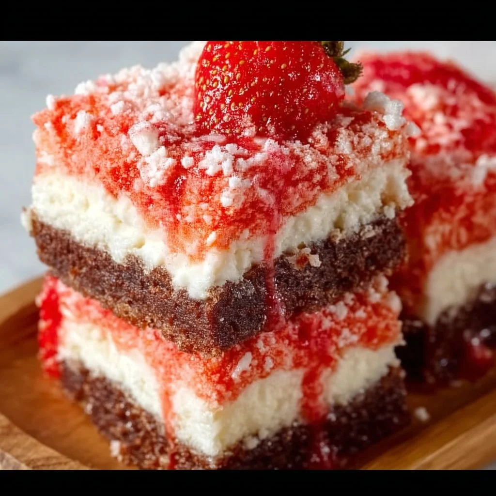Decadent strawberry shortcake brownies topped with fresh strawberries and whipped cream