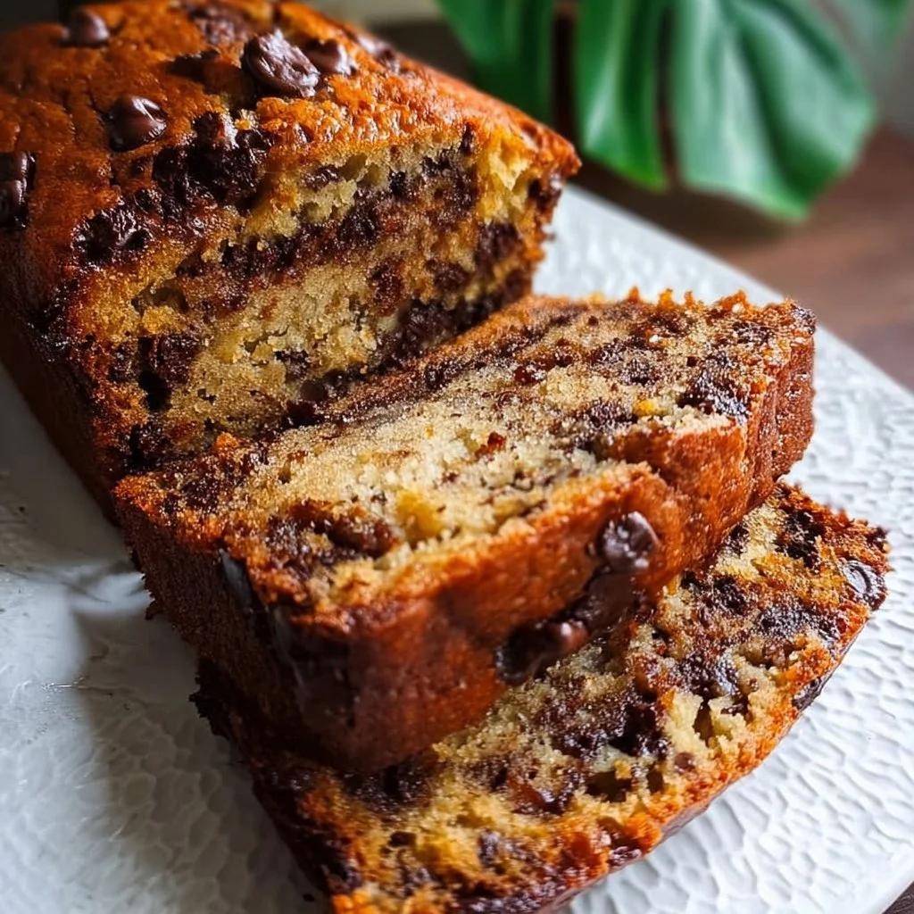 Super Moist Chocolate Chip Banana Bread with chocolate chips on a wooden board