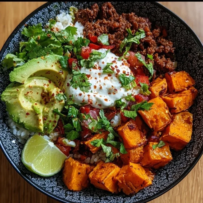 Delicious sweet potato taco bowl topped with fresh ingredients and spices.