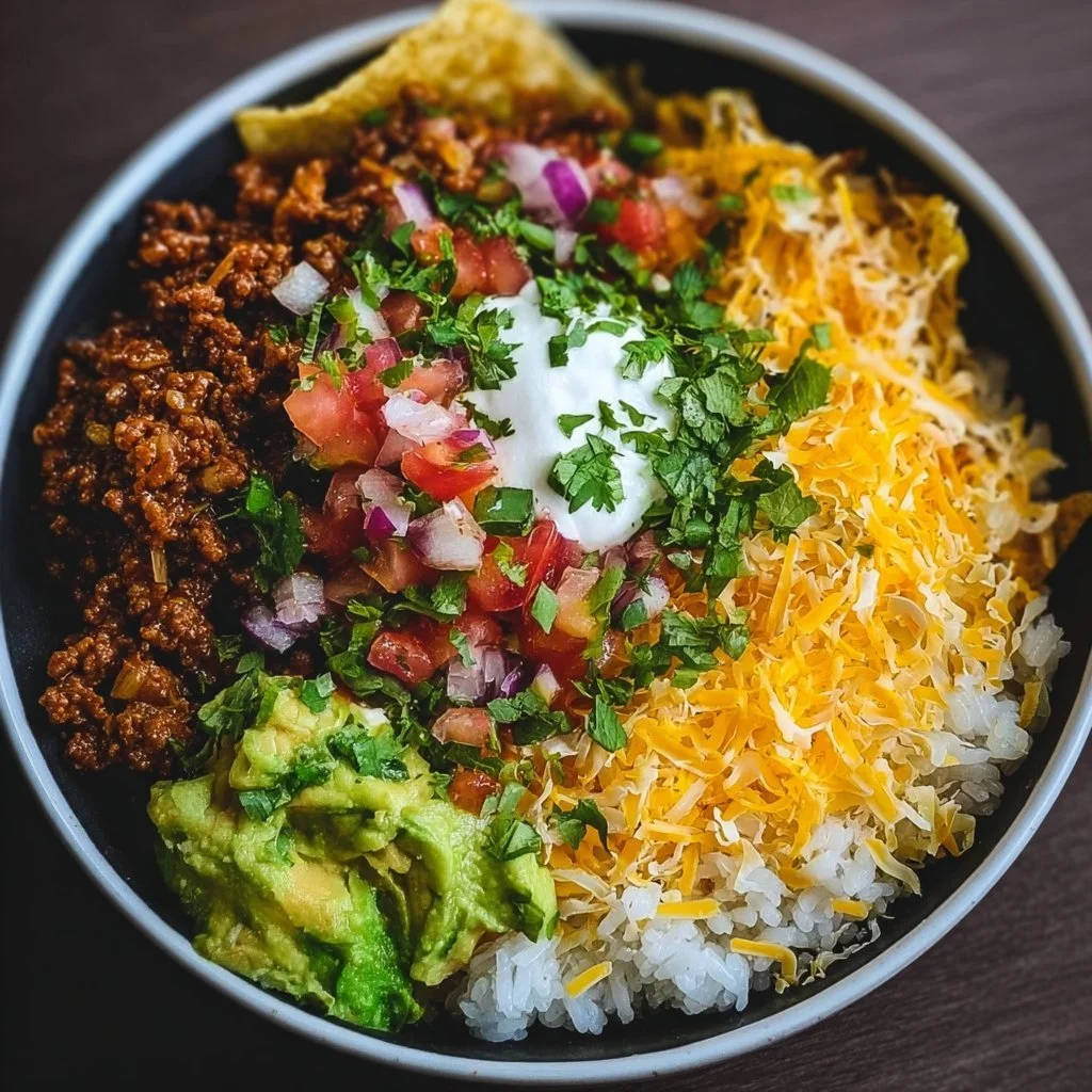 Taco Rice Bowl with seasoned beef, rice, lettuce, and toppings