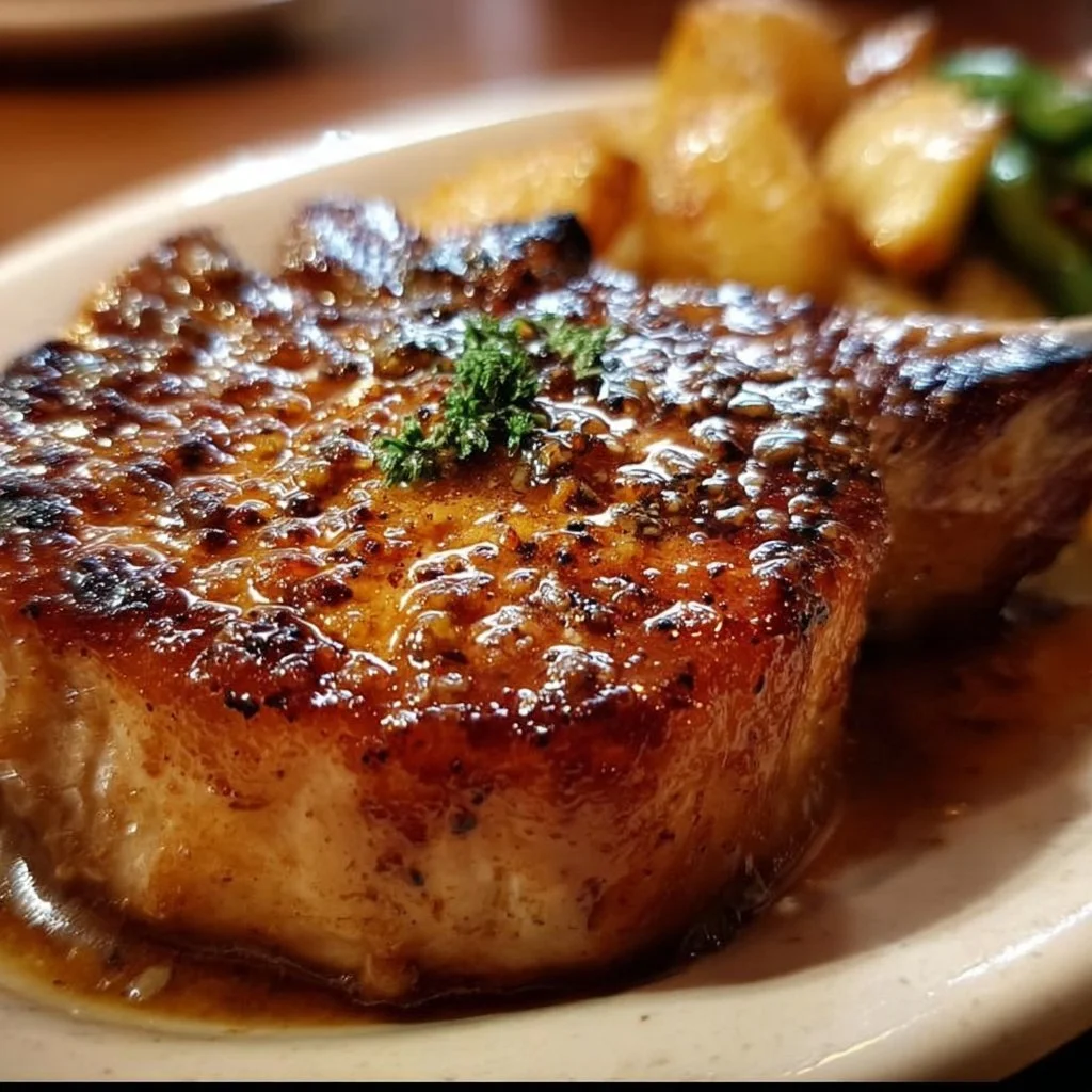 Delicious Texas Roadhouse Pork Chop Classic served with sides.