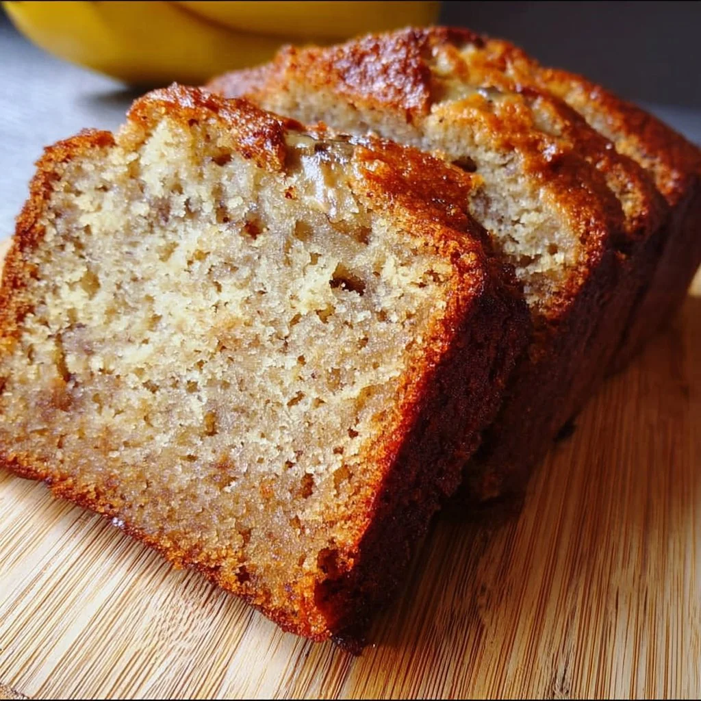 Loaf of the best moist banana bread topped with walnuts on a wooden table.