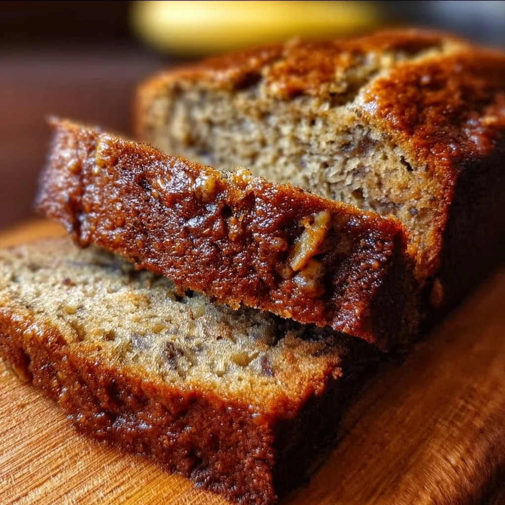 Loaf of ultimate moist banana bread on a wooden cutting board.