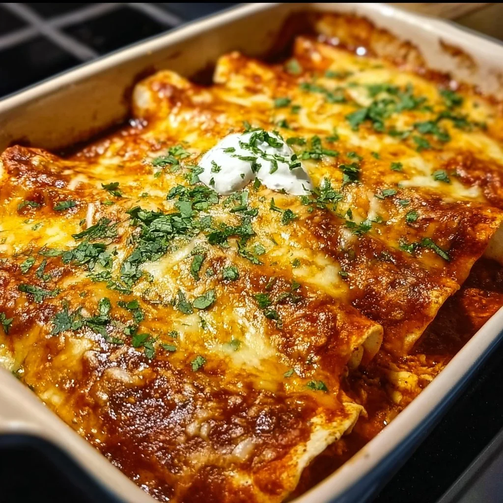 Delicious quick and easy chicken enchiladas ready to serve.