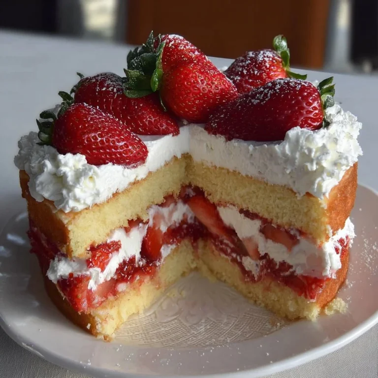 Delicious homemade strawberry shortcake cake with fresh strawberries and whipped cream