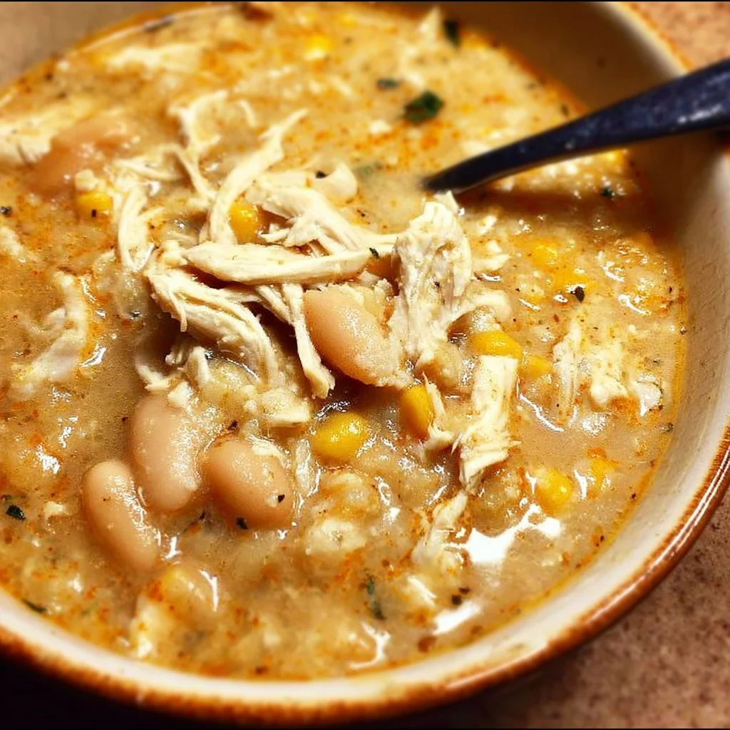 Bowl of delicious white chicken chili with chicken, beans, and toppings