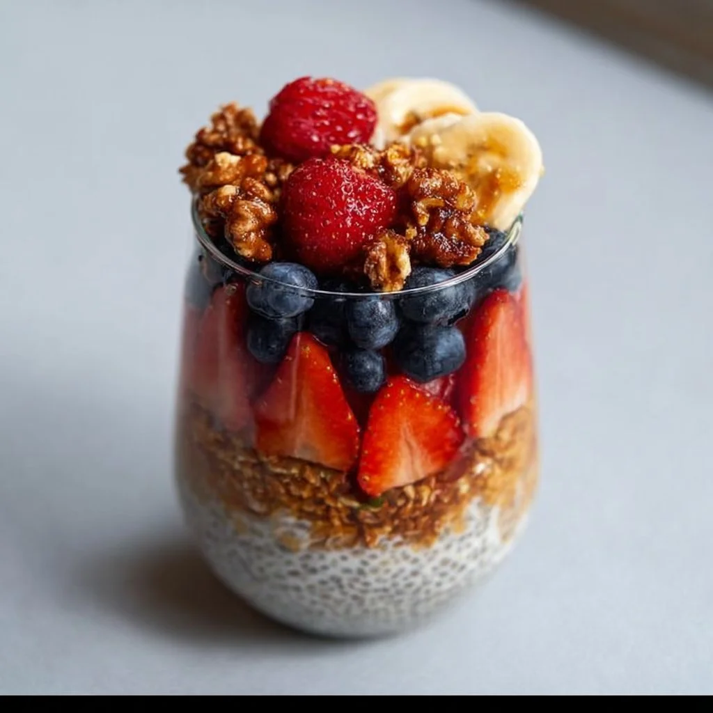 Delicious 5-minute chia pudding parfait topped with fruits and nuts