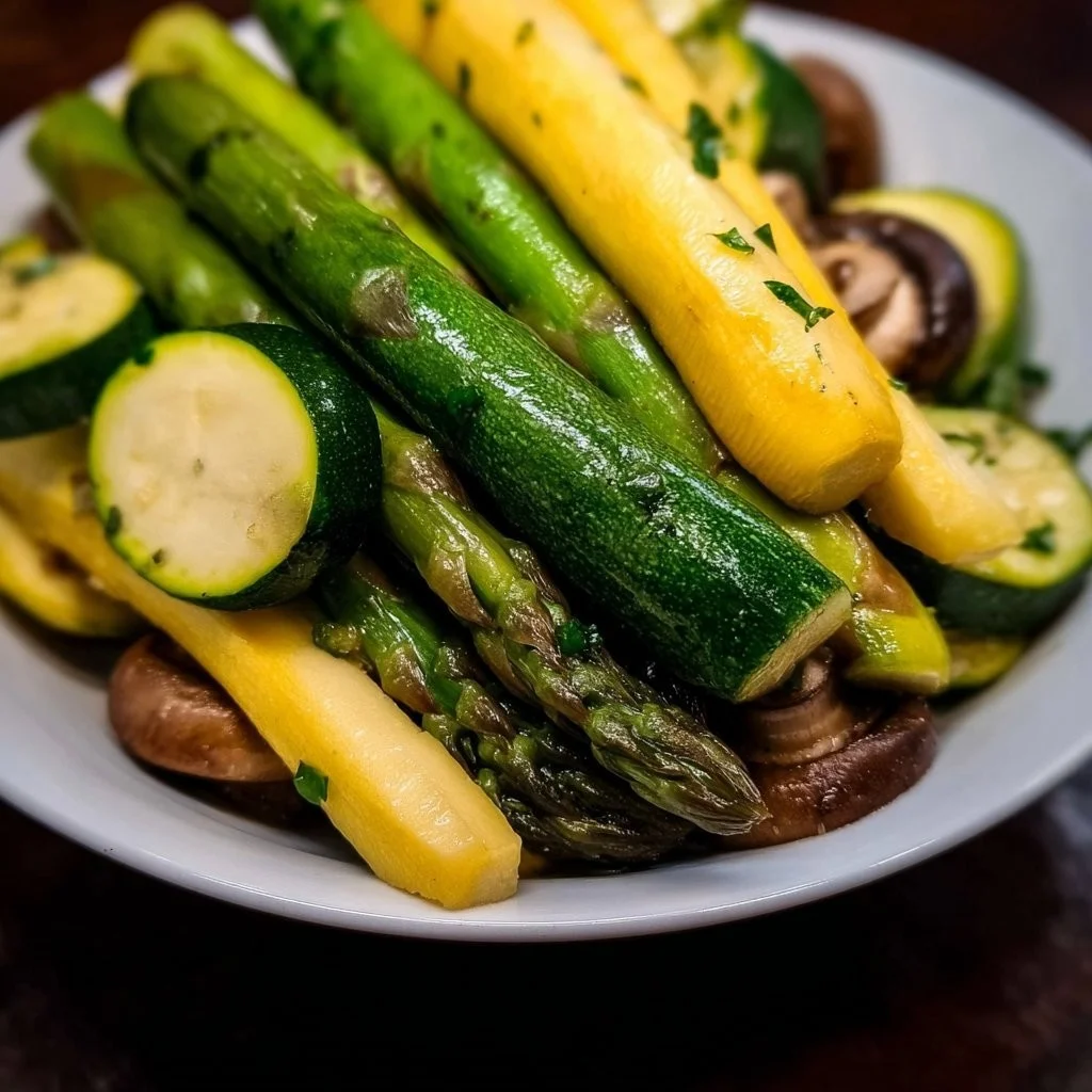 A vibrant dish of asparagus, zucchini, and squash sautéed to perfection.