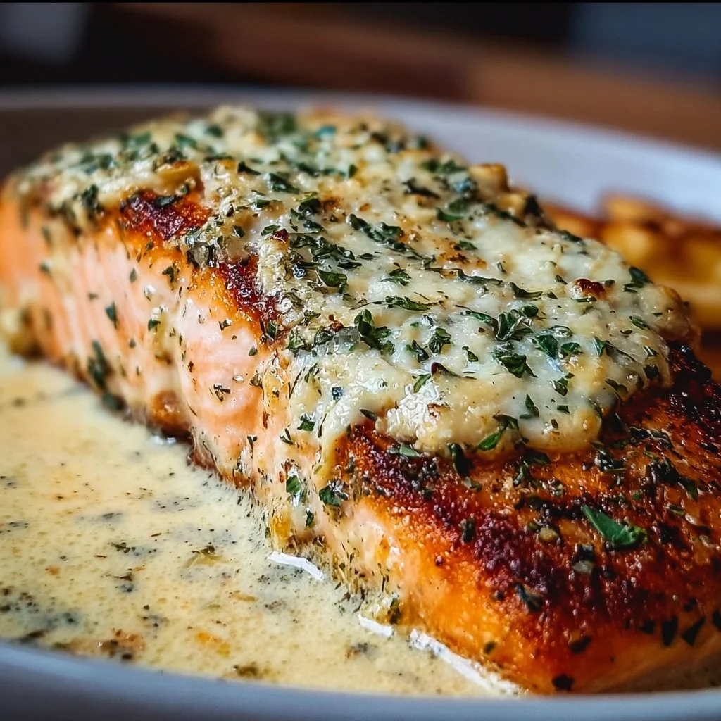 Baked Boursin salmon with a creamy cheese topping, served on a plate