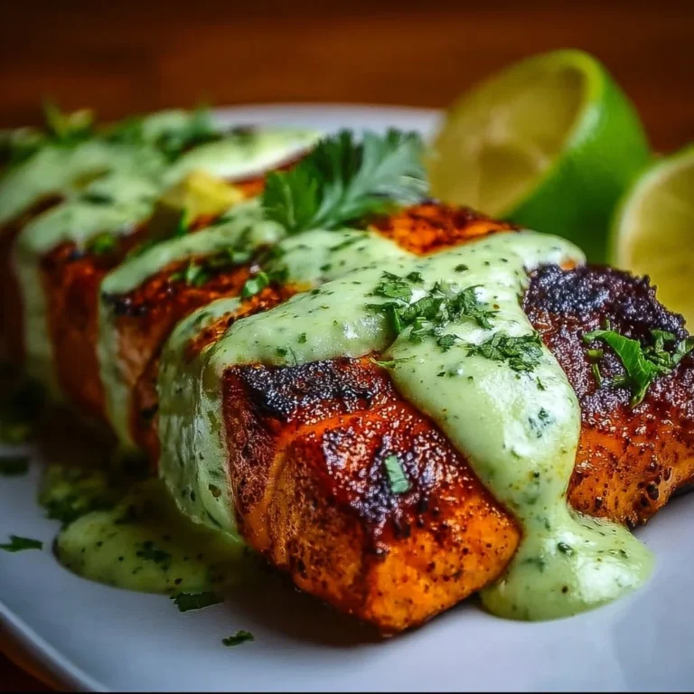 Baked Cajun Salmon served with creamy Avocado Lime Sauce