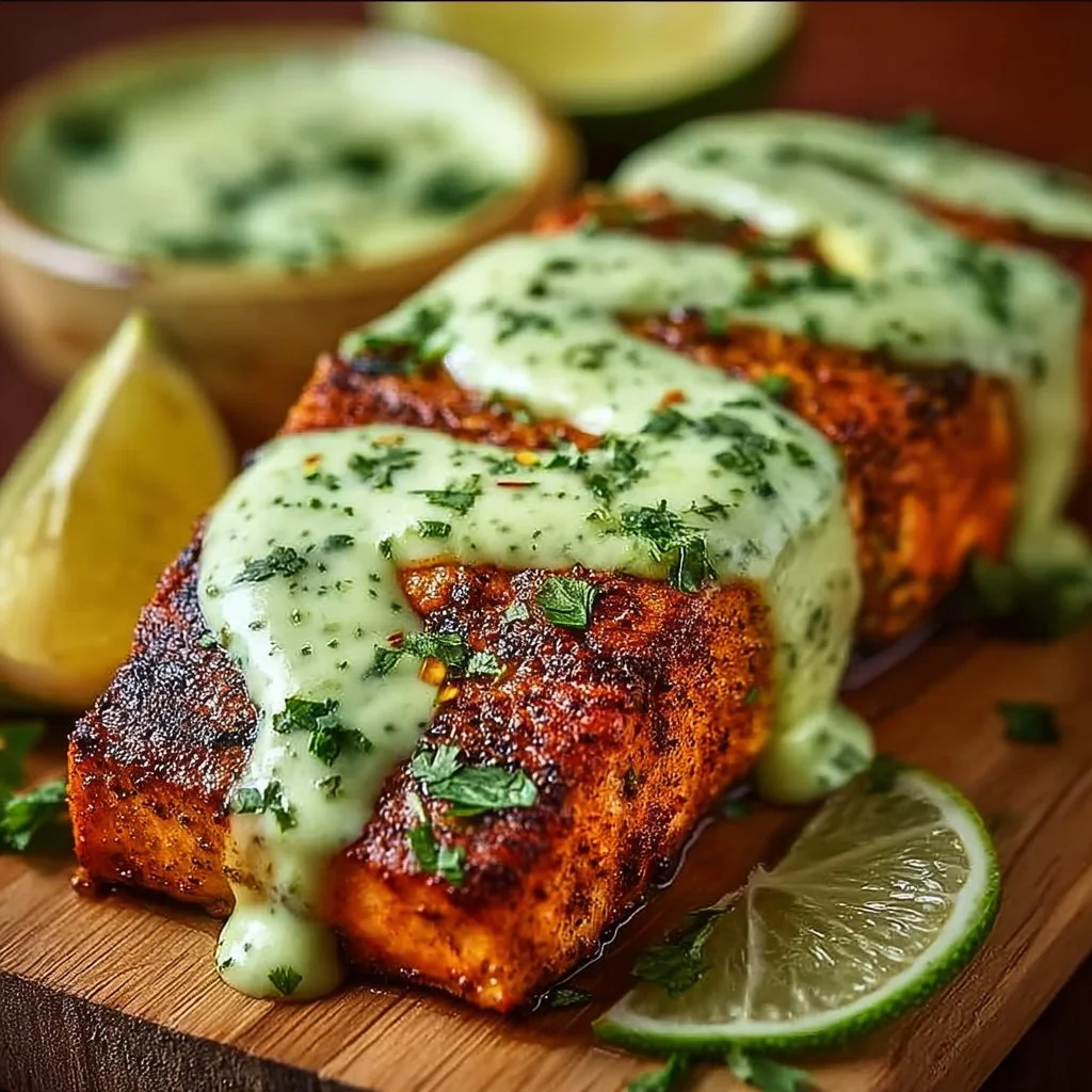 Baked Cajun Salmon with Avocado Lime Sauce