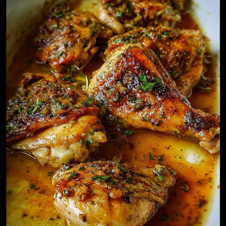 Baked Lemon Butter Chicken garnished with fresh herbs and lemon slices.