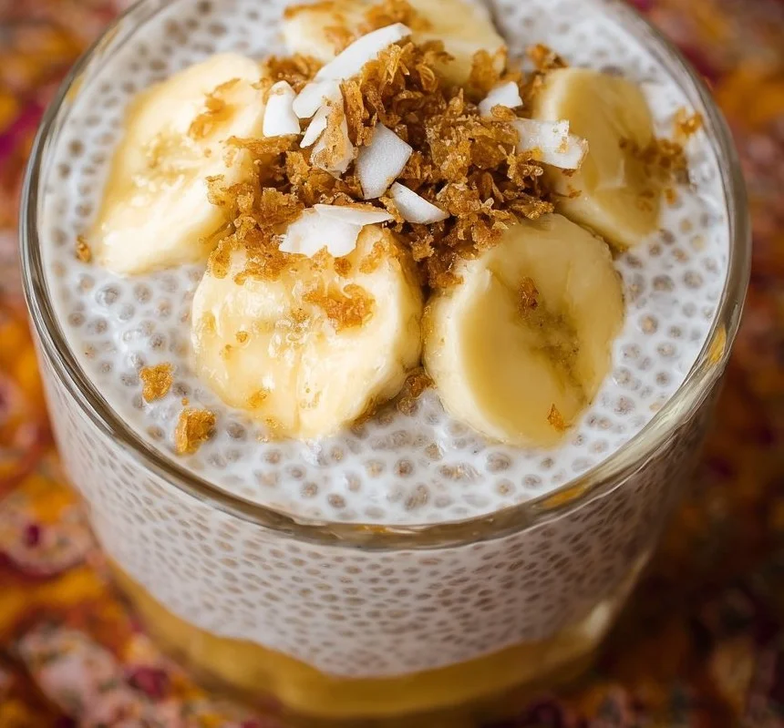 Banana Coconut Milk Chia Seed Pudding topped with banana slices and coconut flakes