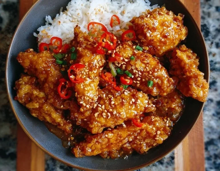 Delicious Bang Bang Chicken served with spicy sauce and garnishes