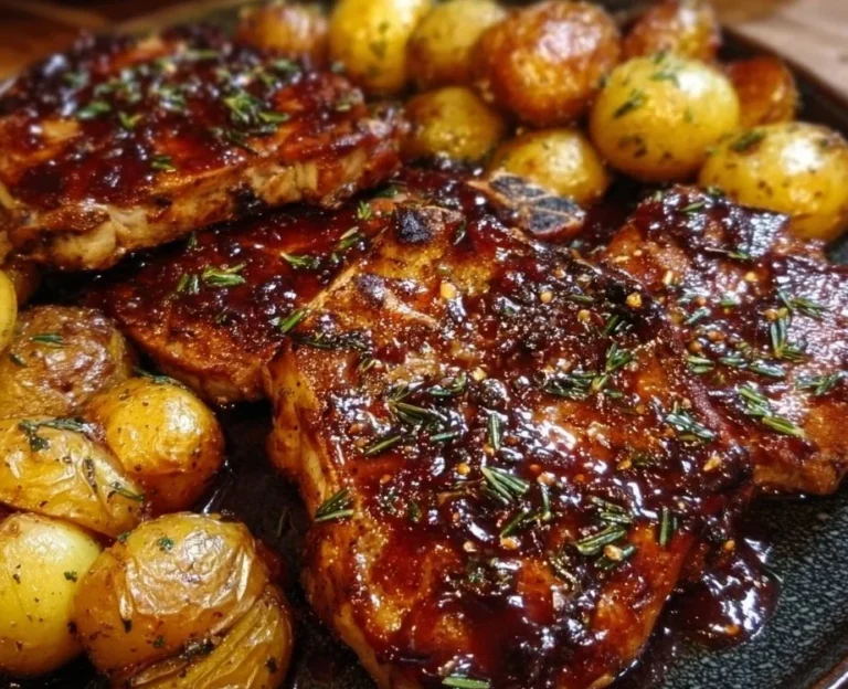 BBQ Baked Pork Chops served with roasted potatoes on a plate