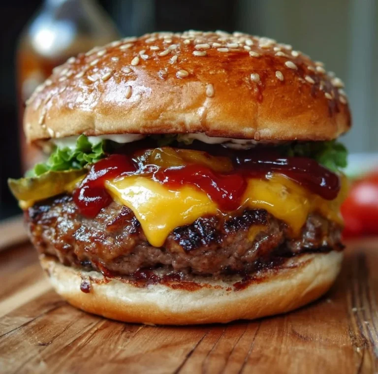 Delicious BBQ cheeseburger with smoky sauce and fresh toppings on a grill