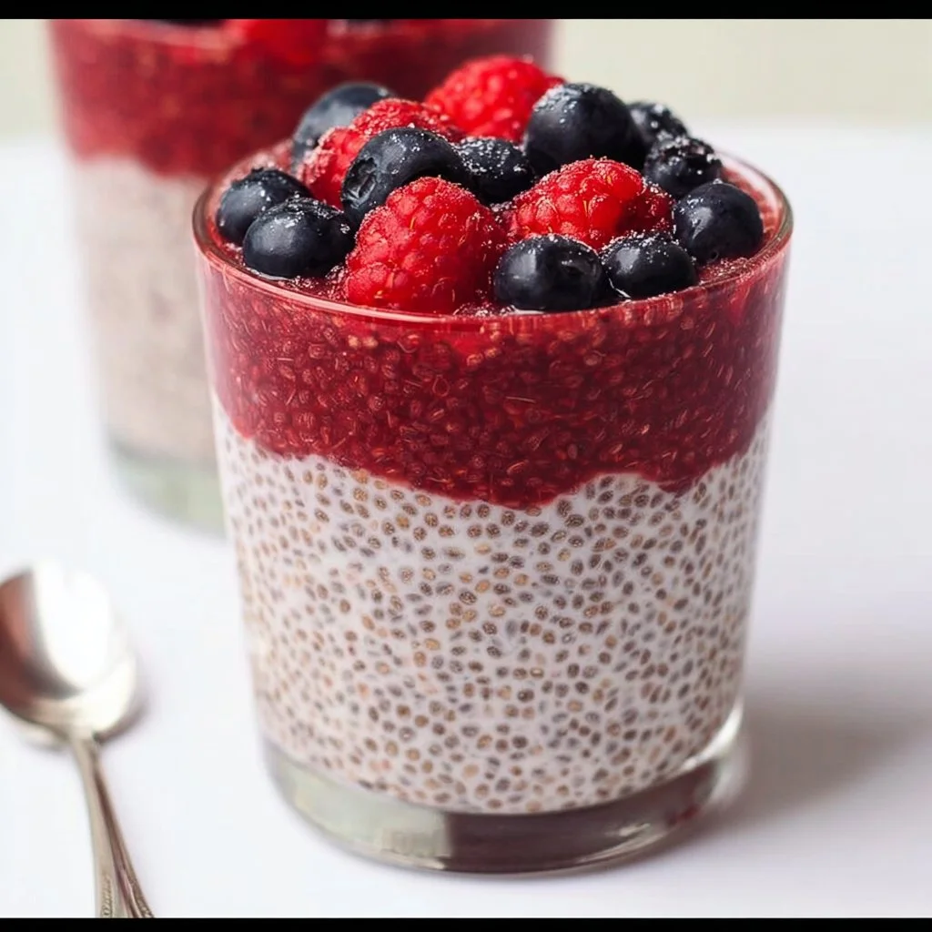 Delicious Berry Chia Seed Pudding topped with fresh berries