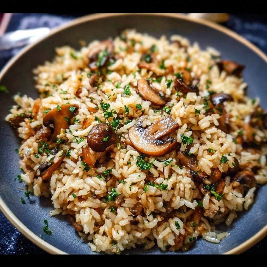 Delicious bowl of mushroom rice garnished with herbs.