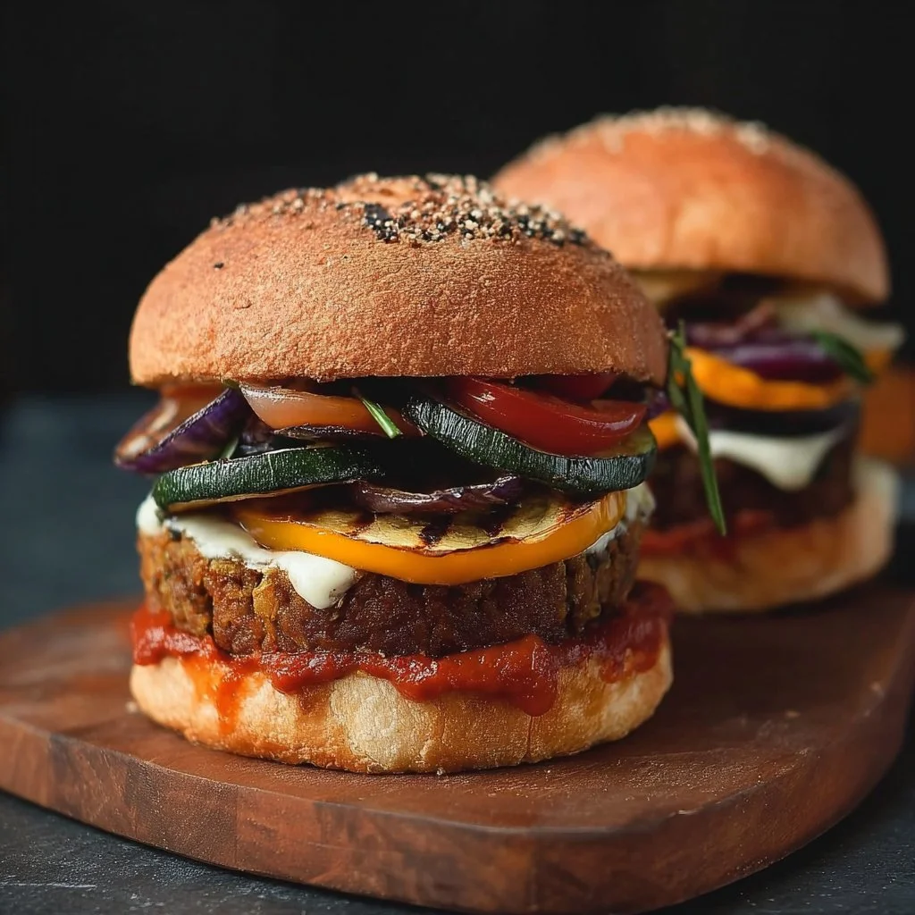 Delicious Bohnenburger with grilled vegetables on a plate.