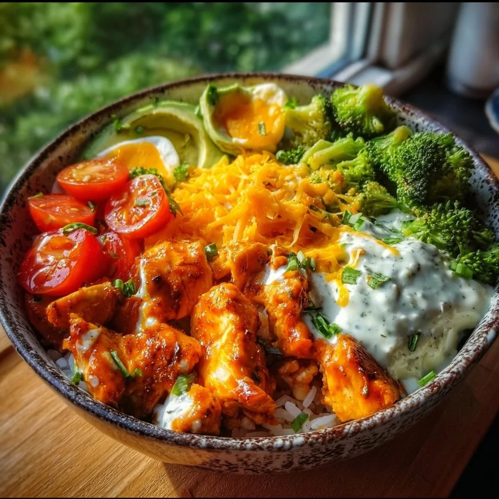Delicious Buffalo Chicken Bowl with rice and fresh vegetables
