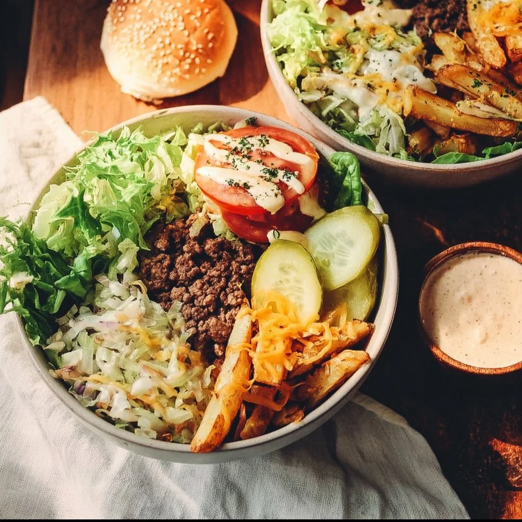 A colorful and delicious burger bowl topped with fresh vegetables and sauces.