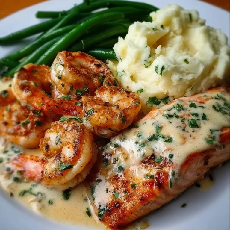 Cajun shrimp and salmon dish with garlic cream sauce, mashed potatoes, and green beans