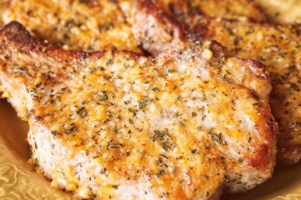 Cheddar ranch pork chops served with sides on a plate