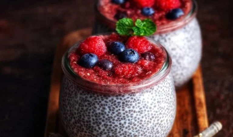 Delicious chia pudding topped with fresh fruits and nuts in a glass bowl